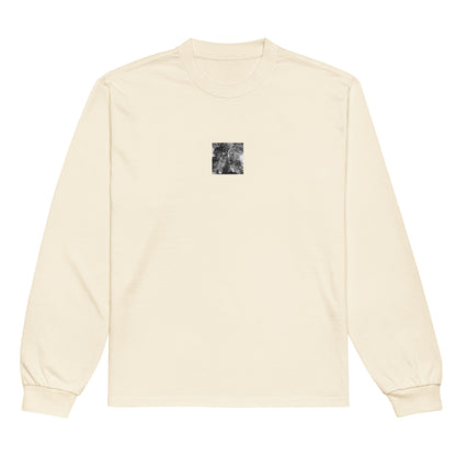 Minimalist streetwear style long sleeve shirt in ecru featuring the 'Eucalyptus Tree (B&W)' photo art on the front. / モードストリート系ロングスリーブTシャツ（エクリュ）フロントに「ユーカリの木（モノクロ）」のフォトアートを配したデザイン。