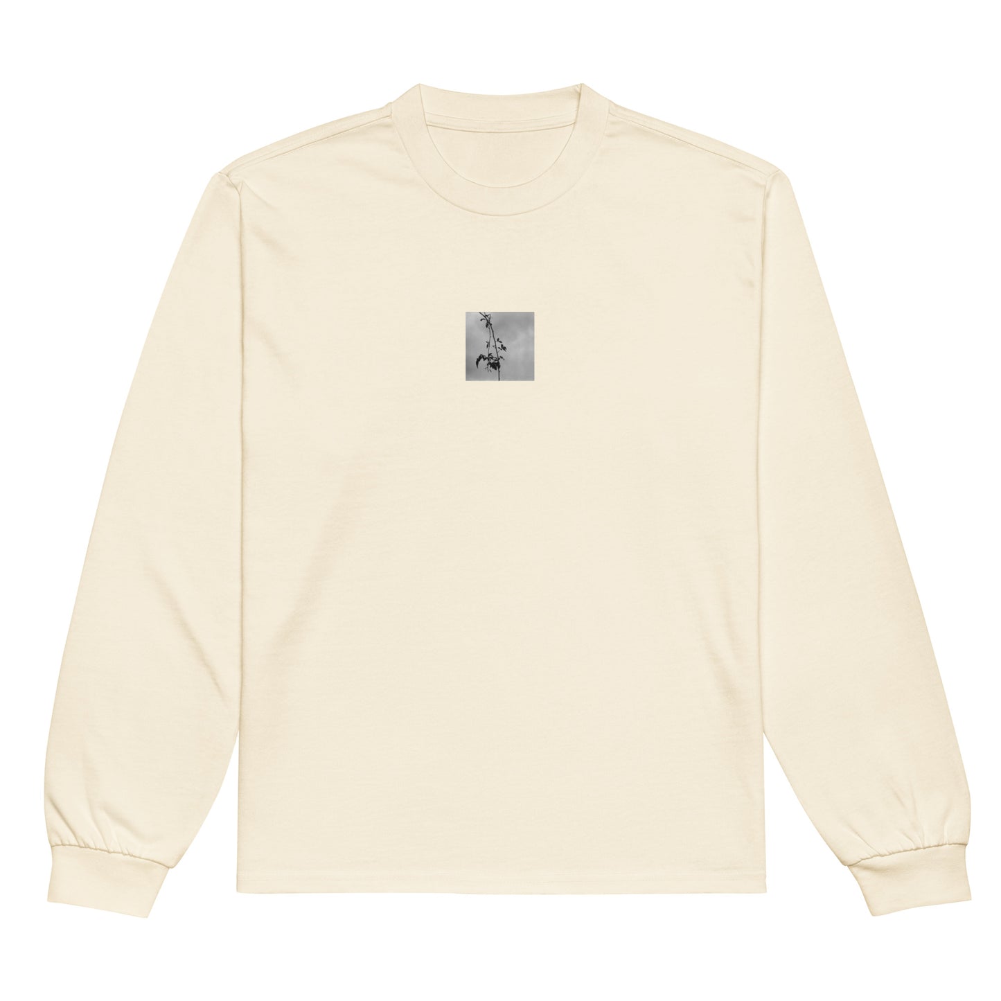 Minimalist streetwear style premium heavyweight long sleeve shirt in ecru featuring the 'Tree Branches (B&W)' photo art on the front. / モードストリート系プレミアム・ヘビーウェイト長袖Tシャツ（エクリュ）フロントに「木の枝（モノクロ）」のフォトアートを配したデザイン。