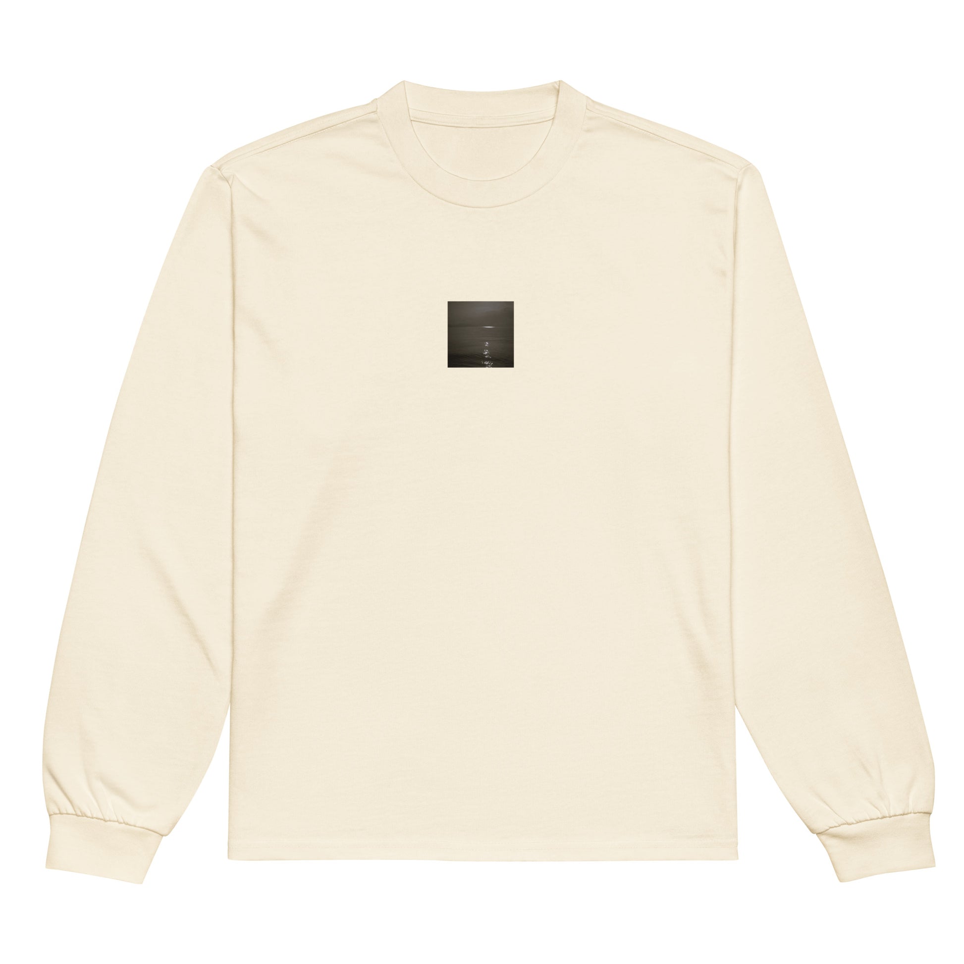 Minimalist streetwear style premium heavyweight long sleeve shirt in ecru featuring the 'Sea and Sunshine (B&W)' photo art on the front. / モードストリート系プレミアム・ヘビーウェイト長袖Tシャツ（エクリュ）フロントに「海と太陽（モノクロ）」のフォトアートを配したデザイン。
