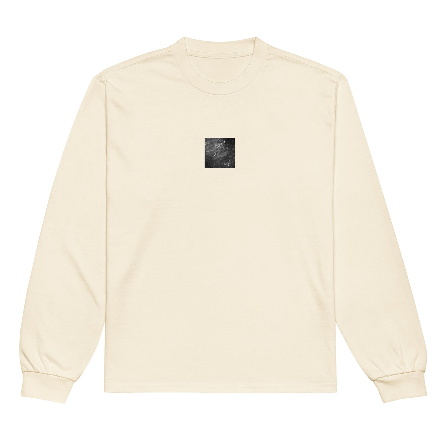 Minimalist streetwear style premium heavyweight long sleeve shirt in ecru featuring the 'Rain (B&W)' photo art on the front. / モードストリート系プレミアム・ヘビーウェイト長袖Tシャツ（エクリュ）フロントに「雨（モノクロ）」のフォトアートを配したデザイン。