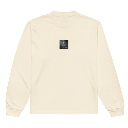 Minimalist streetwear style premium heavyweight long sleeve shirt in ecru featuring the 'Rain (B&W)' photo art on the front. / モードストリート系プレミアム・ヘビーウェイト長袖Tシャツ（エクリュ）フロントに「雨（モノクロ）」のフォトアートを配したデザイン。