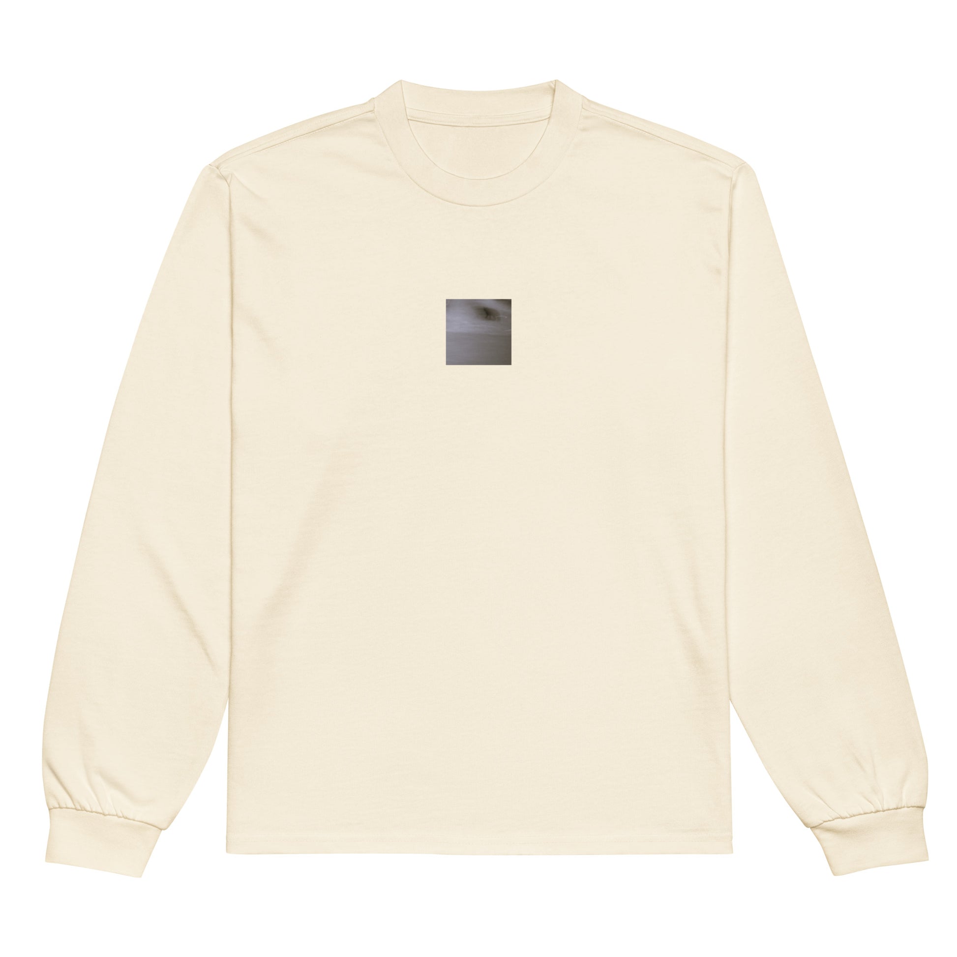 Minimalist streetwear style premium heavyweight long sleeve shirt in ecru featuring the 'Cat (B&W)' photo art on the front. / モードストリート系プレミアム・ヘビーウェイト長袖Tシャツ（エクリュ）フロントに「猫（モノクロ）」のフォトアートを配したデザイン。