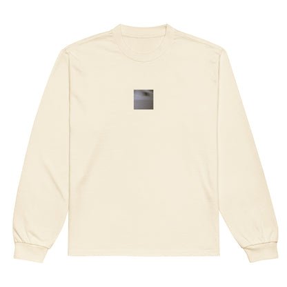 Minimalist streetwear style premium heavyweight long sleeve shirt in ecru featuring the 'Cat (B&W)' photo art on the front. / モードストリート系プレミアム・ヘビーウェイト長袖Tシャツ（エクリュ）フロントに「猫（モノクロ）」のフォトアートを配したデザイン。