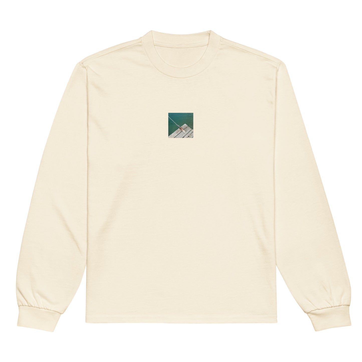 Minimalist streetwear style premium heavyweight long sleeve shirt in ecru featuring the 'Sea, Pier and Rope' photo art on the front. / モードストリート系プレミアム・ヘビーウェイト長袖Tシャツ（エクリュ）フロントに「海、桟橋、ロープ」のフォトアートを配したデザイン。