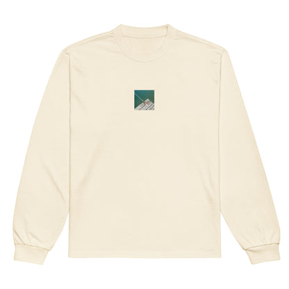 Minimalist streetwear style premium heavyweight long sleeve shirt in ecru featuring the 'Sea, Pier and Rope' photo art on the front. / モードストリート系プレミアム・ヘビーウェイト長袖Tシャツ（エクリュ）フロントに「海、桟橋、ロープ」のフォトアートを配したデザイン。