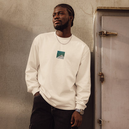 Minimalist streetwear style premium heavyweight long sleeve shirt in ecru featuring the 'Sea, Pier and Rope' photo art on the front. / モードストリート系プレミアム・ヘビーウェイト長袖Tシャツ（エクリュ）フロントに「海、桟橋、ロープ」のフォトアートを配したデザイン。