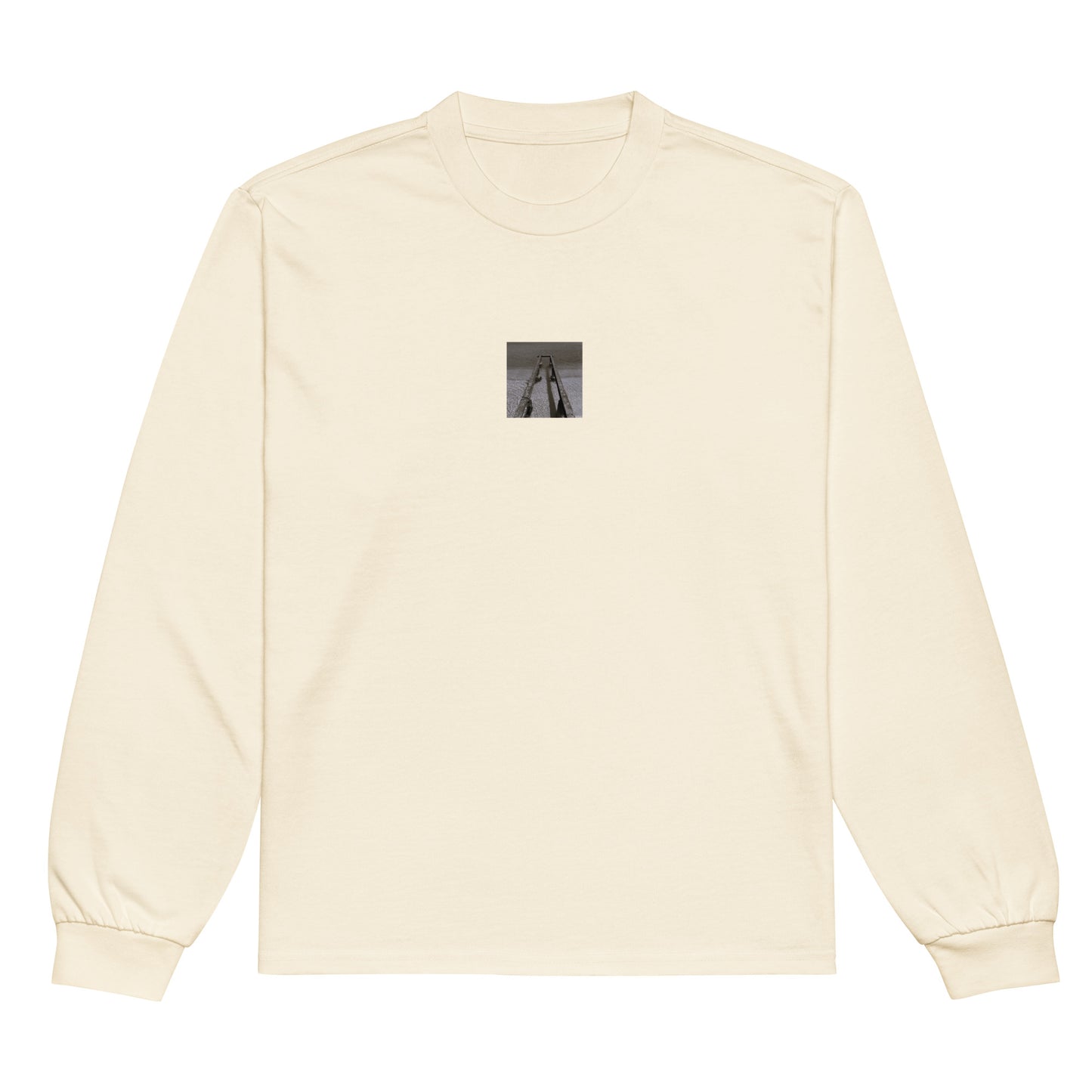 Minimalist streetwear style premium heavyweight long sleeve shirt in ecru featuring the 'Sea and Pier (B&W)' photo art on the front. / モードストリート系プレミアム・ヘビーウェイト長袖Tシャツ（エクリュ）フロントに「海と桟橋（モノクロ）」のフォトアートを配したデザイン。