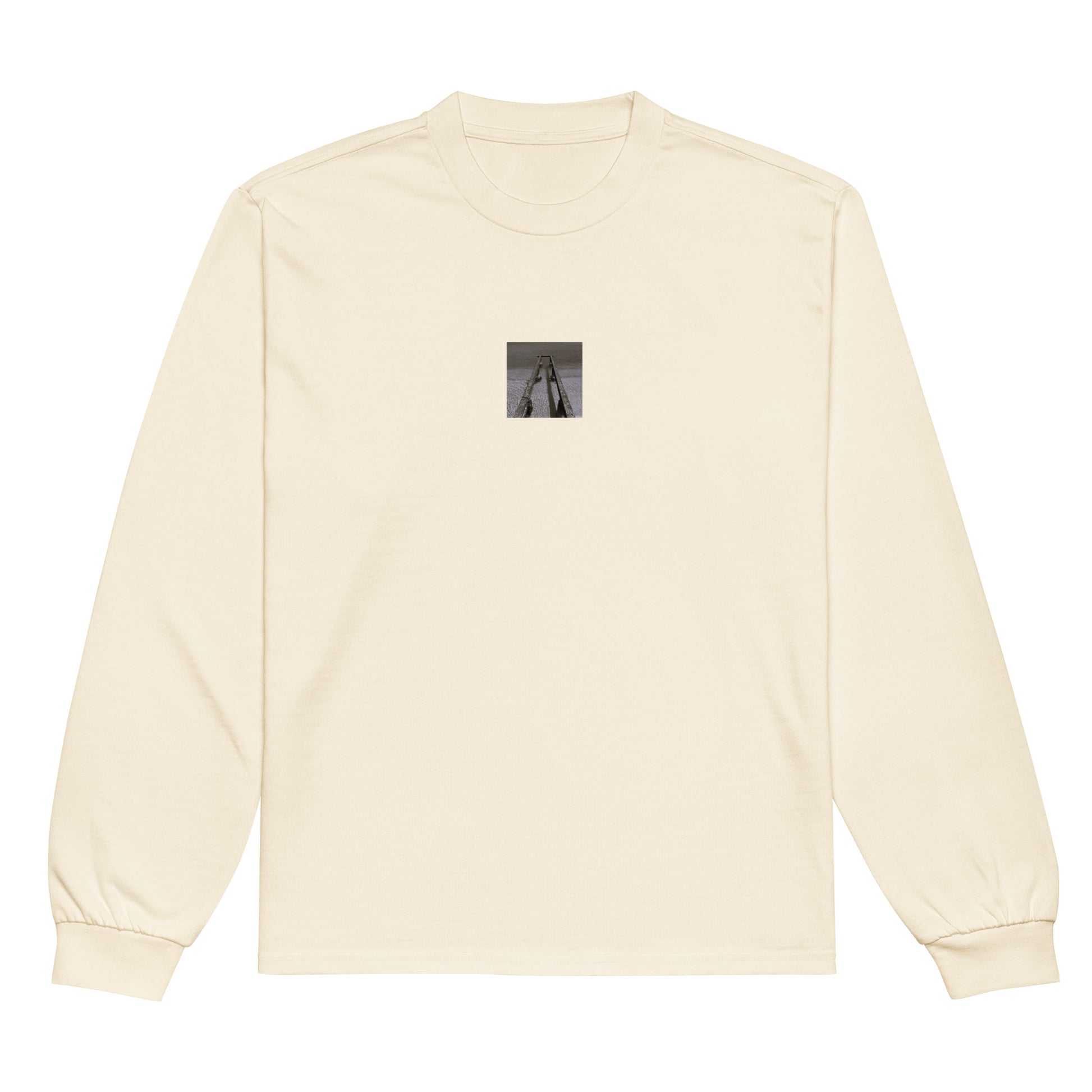 Minimalist streetwear style premium heavyweight long sleeve shirt in ecru featuring the 'Sea and Pier (B&W)' photo art on the front. / モードストリート系プレミアム・ヘビーウェイト長袖Tシャツ（エクリュ）フロントに「海と桟橋（モノクロ）」のフォトアートを配したデザイン。