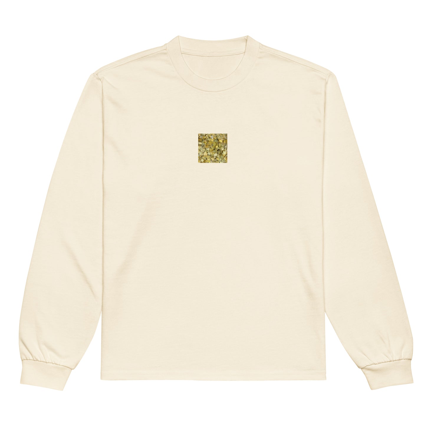 Minimalist streetwear style premium heavyweight long sleeve shirt in ecru featuring the 'Ginkgo Fallen Leaves' photo art on the front. / モードストリート系プレミアム・ヘビーウェイト長袖Tシャツ（エクリュ）フロントに「イチョウの落ち葉」のフォトアートを配したデザイン。
