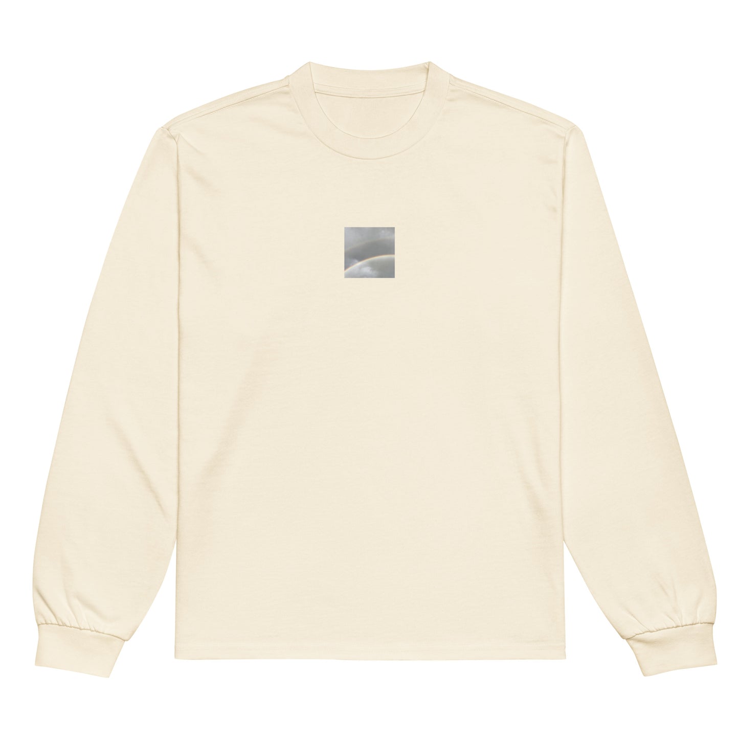 Minimalist streetwear style premium heavyweight long sleeve shirt in ecru featuring the 'Double Rainbow' photo art on the front. / モードストリート系プレミアム・ヘビーウェイト長袖Tシャツ（エクリュ）フロントに「ダブルレインボー」のフォトアートを配したデザイン。