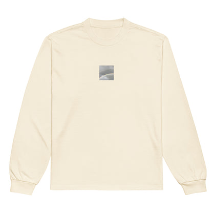 Minimalist streetwear style premium heavyweight long sleeve shirt in ecru featuring the 'Double Rainbow' photo art on the front. / モードストリート系プレミアム・ヘビーウェイト長袖Tシャツ（エクリュ）フロントに「ダブルレインボー」のフォトアートを配したデザイン。