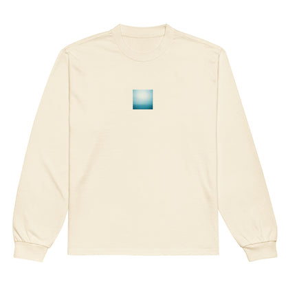 Minimalist streetwear style premium heavyweight long sleeve shirt in ecru featuring the 'Ocean Horizon' photo art on the front. / モードストリート系プレミアム・ヘビーウェイト長袖Tシャツ（エクリュ）フロントに「海の水平線」のフォトアートを配したデザイン。