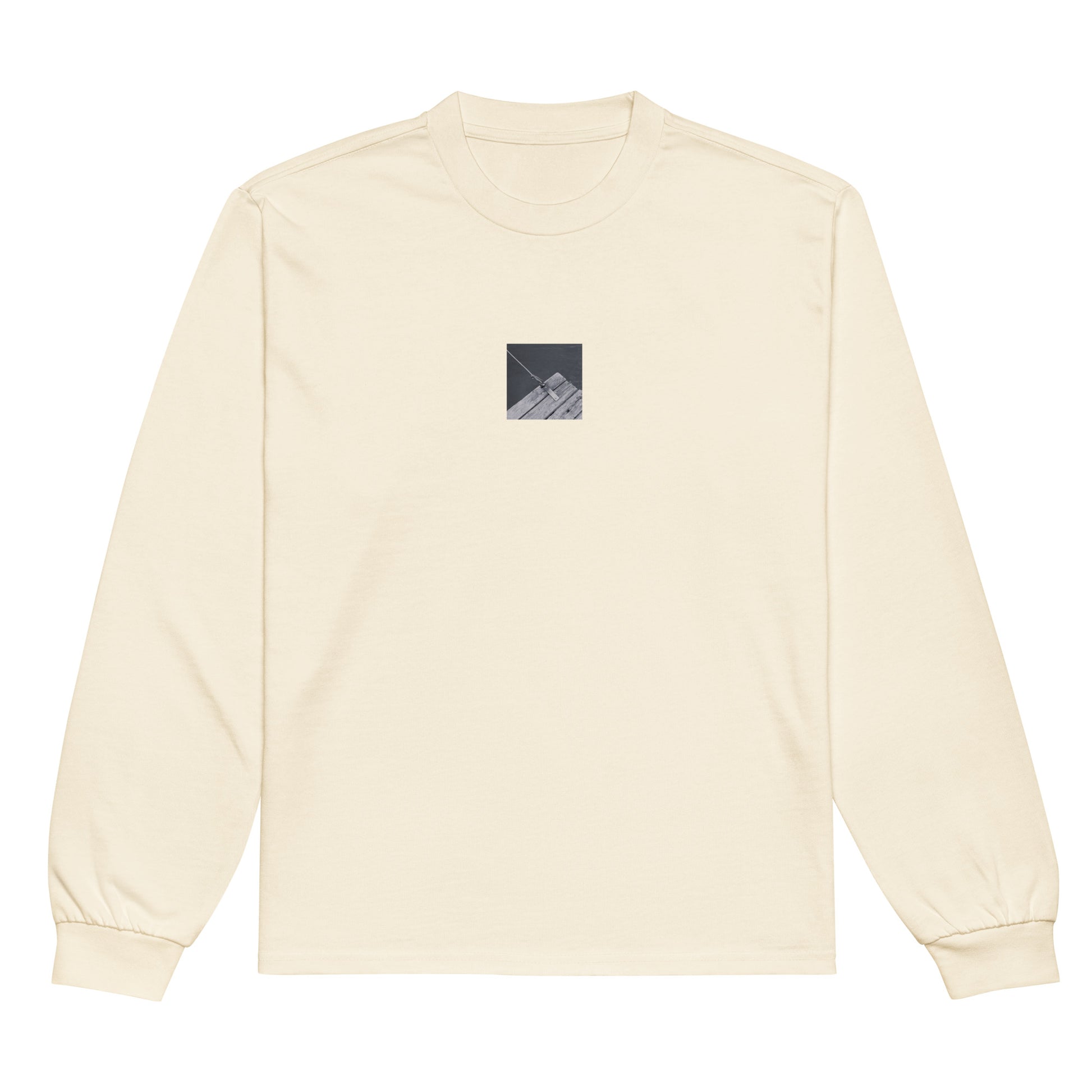 Minimalist streetwear style premium heavyweight long sleeve shirt in ecru featuring the 'Ocean Pier (B&W)' photo art on the front. / モードストリート系プレミアム・ヘビーウェイト長袖Tシャツ（エクリュ）フロントに「海の桟橋 (モノクロ)」のフォトアートを配したデザイン。