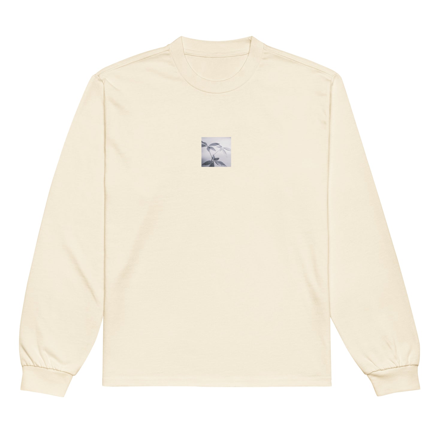 Minimalist streetwear style premium heavyweight long sleeve shirt in ecru featuring the 'Botanical (B&W)' photo art on the front. / モードストリート系プレミアム・ヘビーウェイト長袖Tシャツ（エクリュ）フロントに「ボタニカル (モノクロ)」のフォトアートを配したデザイン。