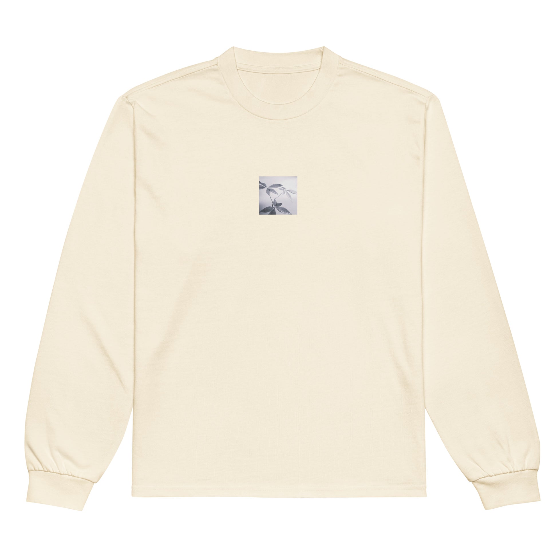 Minimalist streetwear style premium heavyweight long sleeve shirt in ecru featuring the 'Botanical (B&W)' photo art on the front. / モードストリート系プレミアム・ヘビーウェイト長袖Tシャツ（エクリュ）フロントに「ボタニカル (モノクロ)」のフォトアートを配したデザイン。