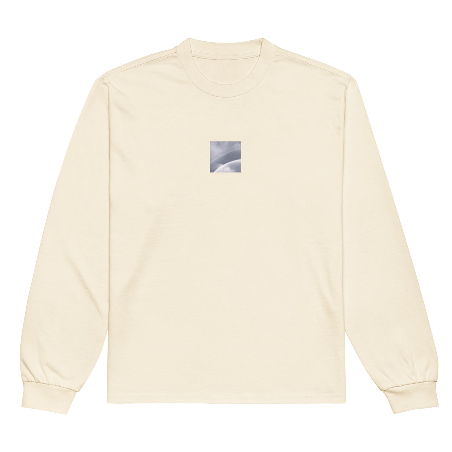 Minimalist streetwear style premium heavyweight long sleeve shirt in ecru featuring the 'Double Rainbow (B&W)' photo art on the front. / モードストリート系プレミアム・ヘビーウェイト長袖Tシャツ（エクリュ）フロントに「ダブルレインボー (モノクロ)」のフォトアートを配したデザイン。