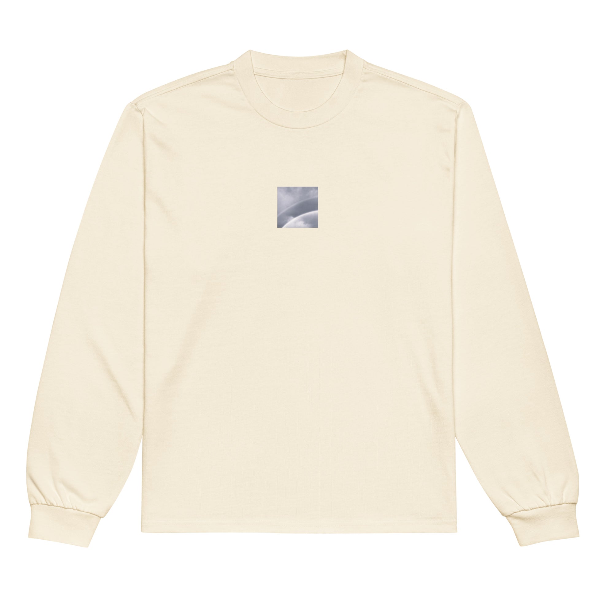 Minimalist streetwear style premium heavyweight long sleeve shirt in ecru featuring the 'Double Rainbow (B&W)' photo art on the front. / モードストリート系プレミアム・ヘビーウェイト長袖Tシャツ（エクリュ）フロントに「ダブルレインボー (モノクロ)」のフォトアートを配したデザイン。
