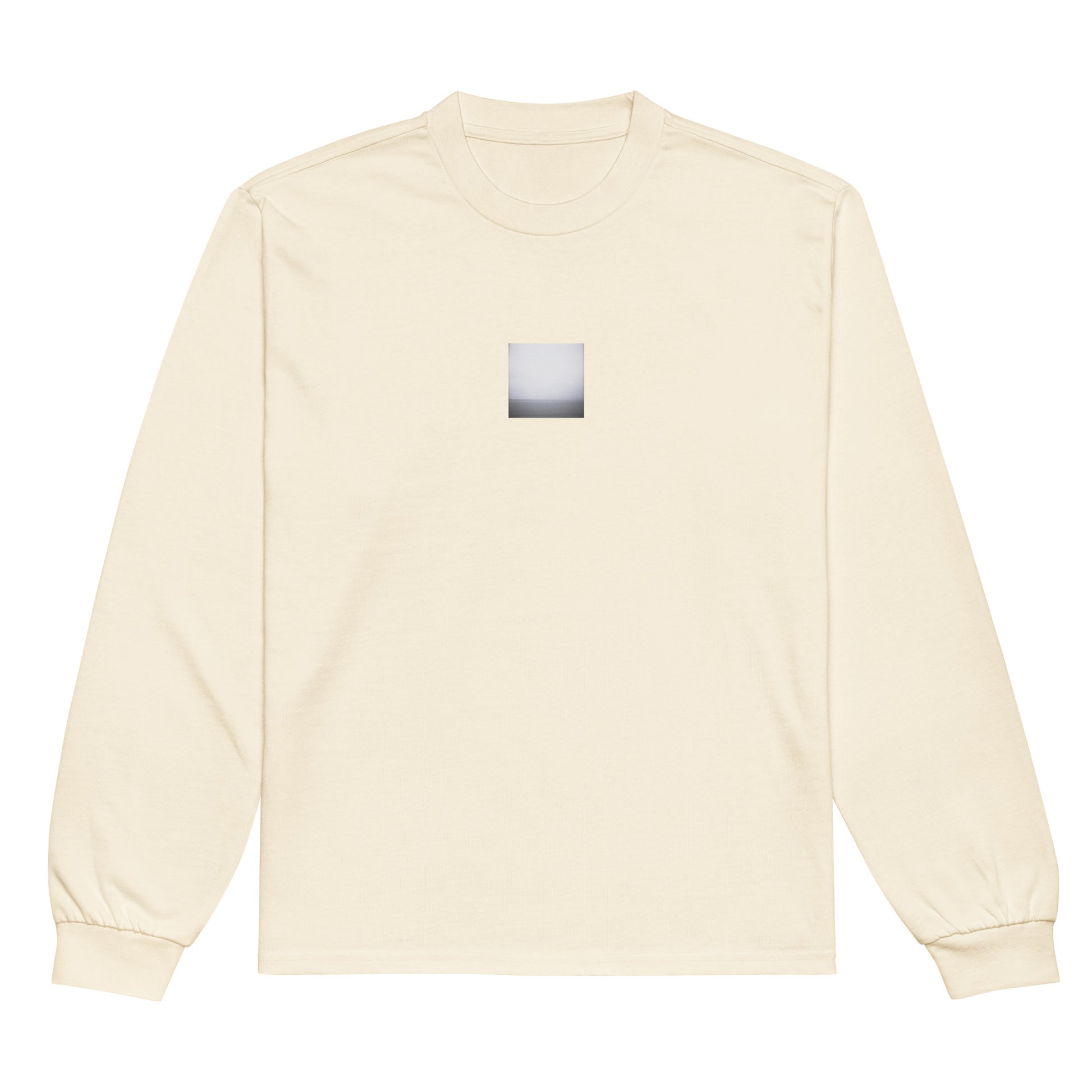 Minimalist streetwear style premium heavyweight long sleeve shirt in ecru featuring the 'Ocean Horizon (B&W)' photo art on the front. / モードストリート系プレミアム・ヘビーウェイト長袖Tシャツ（エクリュ）フロントに「オーシャンホライズン (モノクロ)」のフォトアートを配したデザイン。