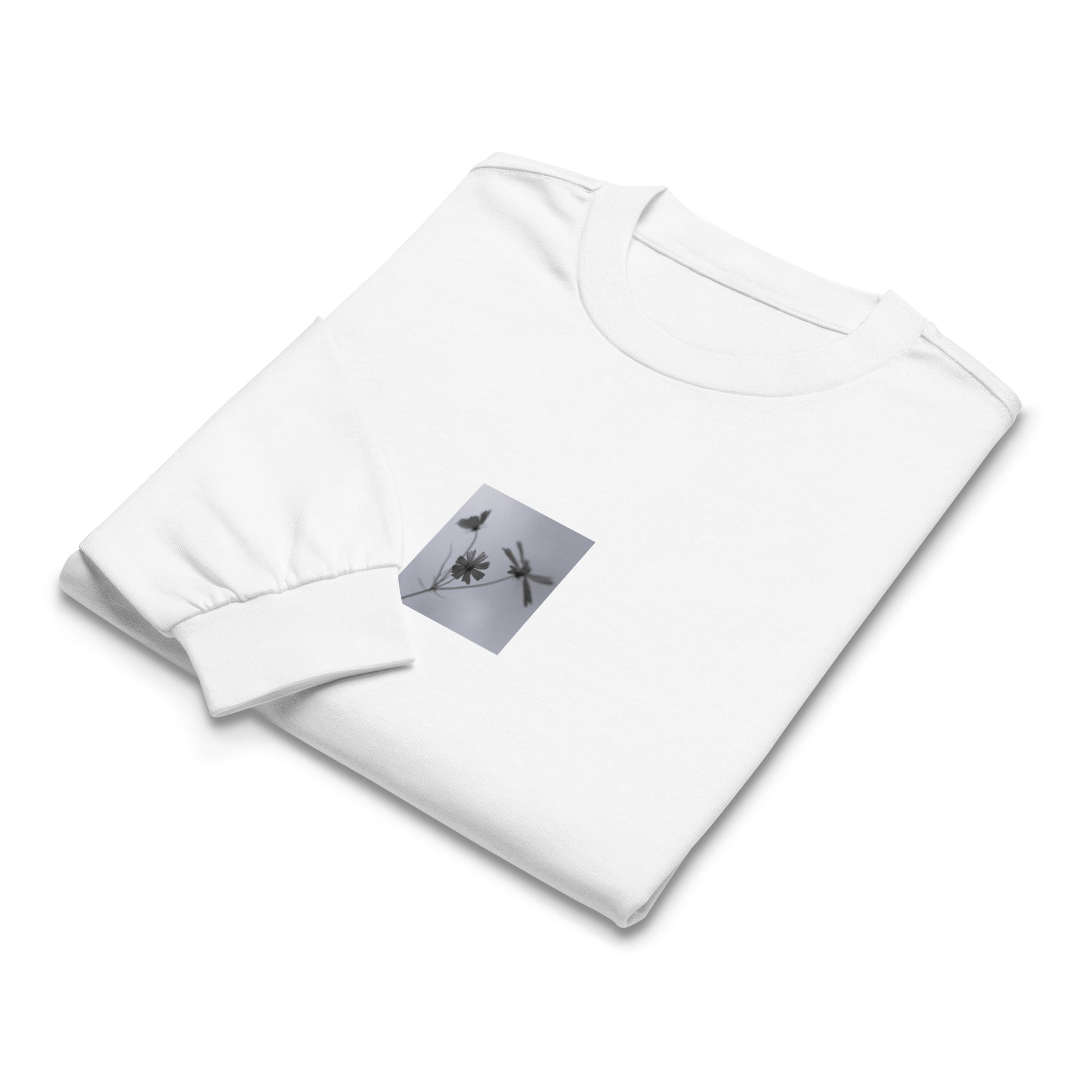 Three Cosmos Flowers Botanical B&W Art – Unisex Premium Heavyweight Long Sleeve Shirt, White, Front View
