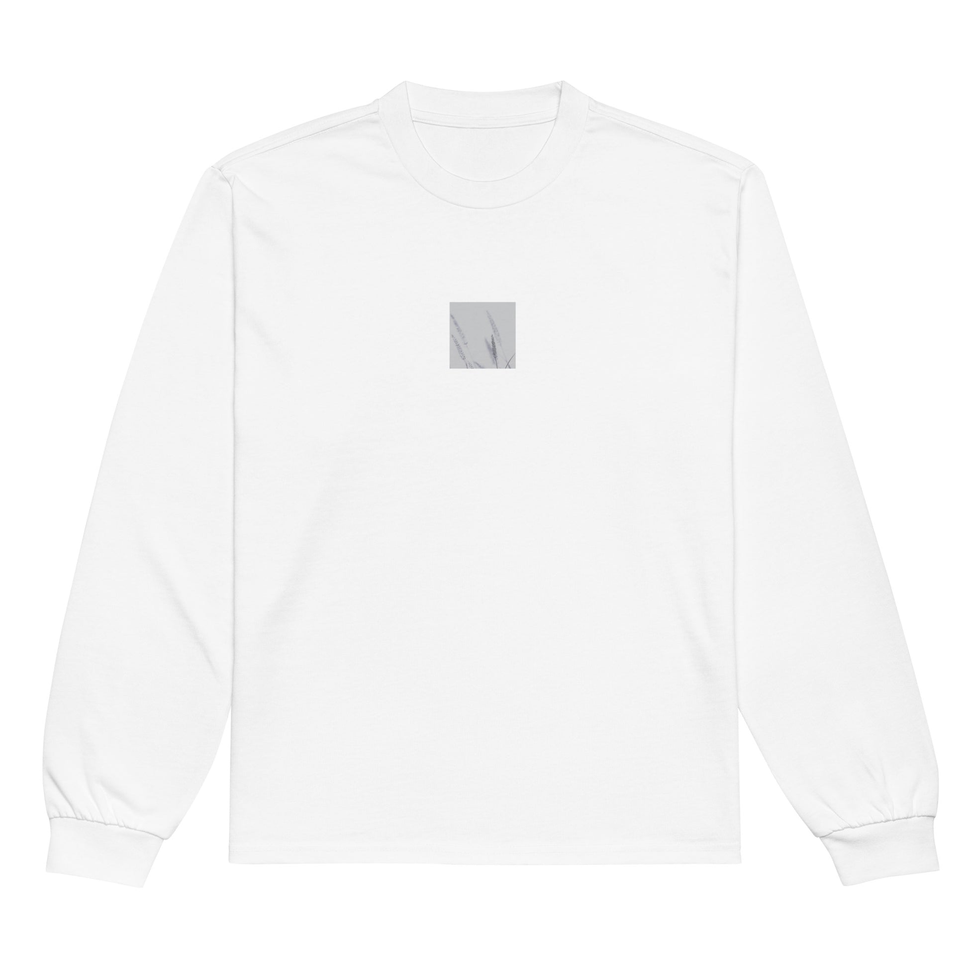 Minimalist mode style unisex premium white heavyweight long sleeve shirt with a 'Foxtail Grass' black and white botanical art print on the front / モードストリート系ユニセックス・プレミアム長袖シャツ（ホワイト）、フロントに「フォックステールグラス」のモノクロボタニカルアートプリント