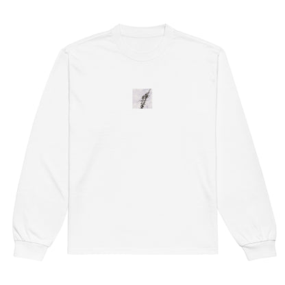 Minimalist mode style unisex premium heavyweight white long sleeve shirt with a 'Vines Entangled on a Utility Pole' black and white photo print / モードストリート系ユニセックス・プレミアムヘビーウェイト長袖Tシャツ（ホワイト）、フロントに「電柱に絡まるツル」のモノクロ写真プリント（長袖Tシャツ）