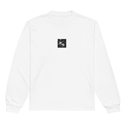 Minimalist mode style unisex premium heavyweight white long sleeve shirt with a 'Forest' black and white photo print / モードストリート系ユニセックス・プレミアムヘビーウェイト長袖Tシャツ（ホワイト）、フロントに「森」のモノクロ写真プリント（長袖Tシャツ）
