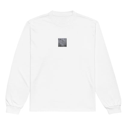 Minimalist mode style unisex premium heavyweight white long sleeve shirt with a 'Water Surface & Leaves' black and white photo print / モードストリート系ユニセックス・プレミアムヘビーウェイト長袖Tシャツ（ホワイト）、フロントに「水面と葉」のモノクロ写真プリント（長袖Tシャツ）