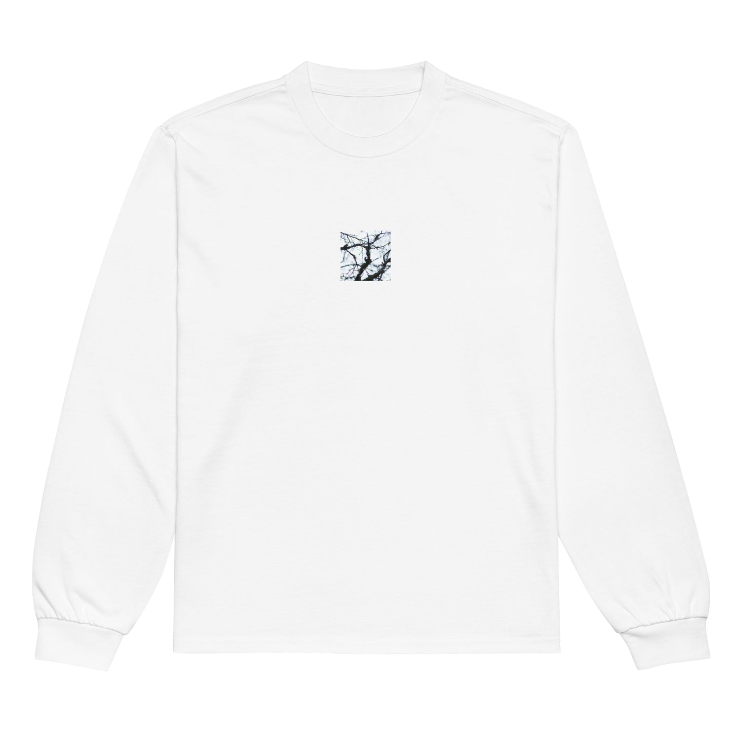 Minimalist mode style unisex premium heavyweight white long sleeve shirt with a 'Bare Tree' art print / モードストリート系ユニセックス・プレミアム・ヘビーウェイト長袖Tシャツ（ホワイト）、フロントに「Bare Tree（枯れ木）」のアートプリント（長袖Tシャツ）