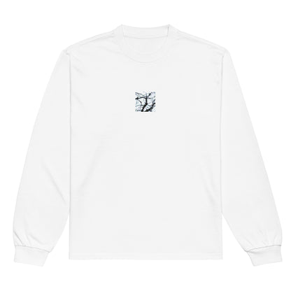 Minimalist mode style unisex premium heavyweight white long sleeve shirt with a 'Bare Tree' art print / モードストリート系ユニセックス・プレミアム・ヘビーウェイト長袖Tシャツ（ホワイト）、フロントに「Bare Tree（枯れ木）」のアートプリント（長袖Tシャツ）
