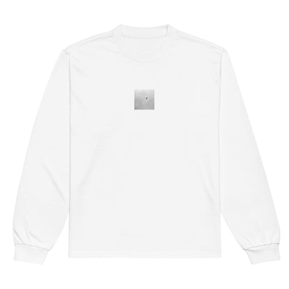 Minimalist streetwear style unisex premium heavyweight long sleeve shirt in white, featuring a 'Bird and Sky (B&W)' photograph print. / Bird and Sky (B&W) プレミアム・ヘビーウェイト長袖Tシャツ（ホワイト）：清潔感のある白地に、空を飛ぶ鳥の幻想的なモノクロデザインが際立つ長袖Tシャツ。