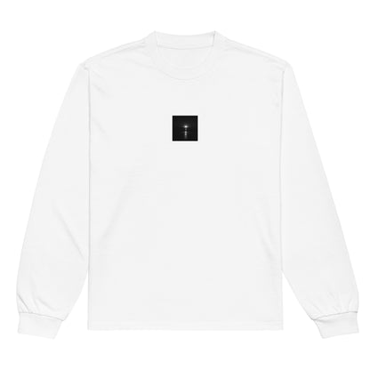 Minimalist streetwear style premium long sleeve shirt in white, featuring the 'Ocean Sunbeams (B&W)' photograph. / 「Ocean Sunbeams (B&W)」ロングスリーブTシャツ（ホワイト）：クリーンな白地に海面の光をモノクロで描いた、モードストリートスタイルの定番。