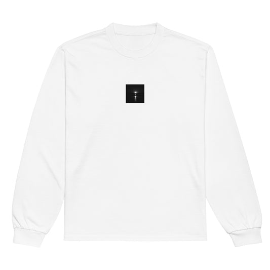 Minimalist streetwear style premium long sleeve shirt in white, featuring the 'Ocean Sunbeams (B&W)' photograph. / 「Ocean Sunbeams (B&W)」ロングスリーブTシャツ（ホワイト）：クリーンな白地に海面の光をモノクロで描いた、モードストリートスタイルの定番。