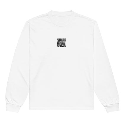 Minimalist streetwear style long sleeve shirt in white featuring the 'Eucalyptus Tree (B&W)' photo art on the front. / モードストリート系ロングスリーブTシャツ（ホワイト）フロントに「ユーカリの木（モノクロ）」のフォトアートを配したデザイン。