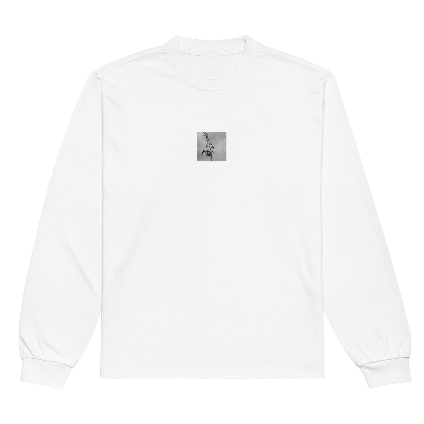 Minimalist streetwear style premium heavyweight long sleeve shirt in white featuring the 'Tree Branches (B&W)' photo art on the front. / モードストリート系プレミアム・ヘビーウェイト長袖Tシャツ（ホワイト）フロントに「木の枝（モノクロ）」のフォトアートを配したデザイン。