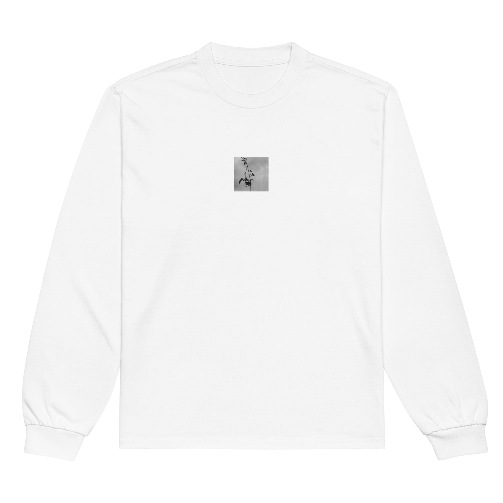 Minimalist streetwear style premium heavyweight long sleeve shirt in white featuring the 'Tree Branches (B&W)' photo art on the front. / モードストリート系プレミアム・ヘビーウェイト長袖Tシャツ（ホワイト）フロントに「木の枝（モノクロ）」のフォトアートを配したデザイン。