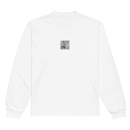 Minimalist streetwear style premium heavyweight long sleeve shirt in white featuring the 'Tree Branches (B&W)' photo art on the front. / モードストリート系プレミアム・ヘビーウェイト長袖Tシャツ（ホワイト）フロントに「木の枝（モノクロ）」のフォトアートを配したデザイン。