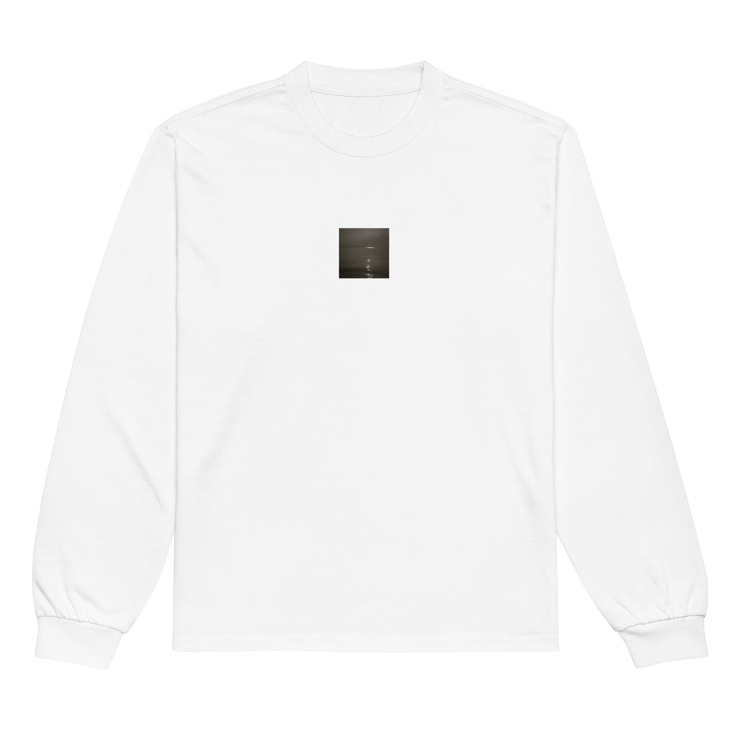 Minimalist streetwear style premium heavyweight long sleeve shirt in white featuring the 'Sea and Sunshine (B&W)' photo art on the front. / モードストリート系プレミアム・ヘビーウェイト長袖Tシャツ（ホワイト）フロントに「海と太陽（モノクロ）」のフォトアートを配したデザイン。