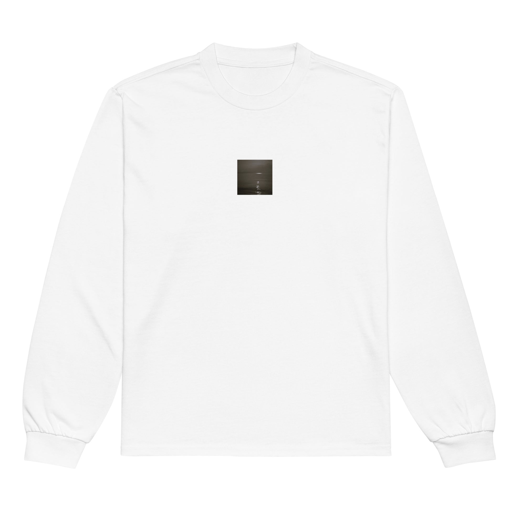 Minimalist streetwear style premium heavyweight long sleeve shirt in white featuring the 'Sea and Sunshine (B&W)' photo art on the front. / モードストリート系プレミアム・ヘビーウェイト長袖Tシャツ（ホワイト）フロントに「海と太陽（モノクロ）」のフォトアートを配したデザイン。