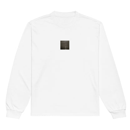 Minimalist streetwear style premium heavyweight long sleeve shirt in white featuring the 'Sea and Sunshine (B&W)' photo art on the front. / モードストリート系プレミアム・ヘビーウェイト長袖Tシャツ（ホワイト）フロントに「海と太陽（モノクロ）」のフォトアートを配したデザイン。