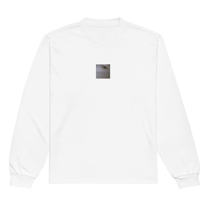 Minimalist streetwear style premium heavyweight long sleeve shirt in white featuring the 'Cat (B&W)' photo art on the front. / モードストリート系プレミアム・ヘビーウェイト長袖Tシャツ（ホワイト）フロントに「猫（モノクロ）」のフォトアートを配したデザイン。