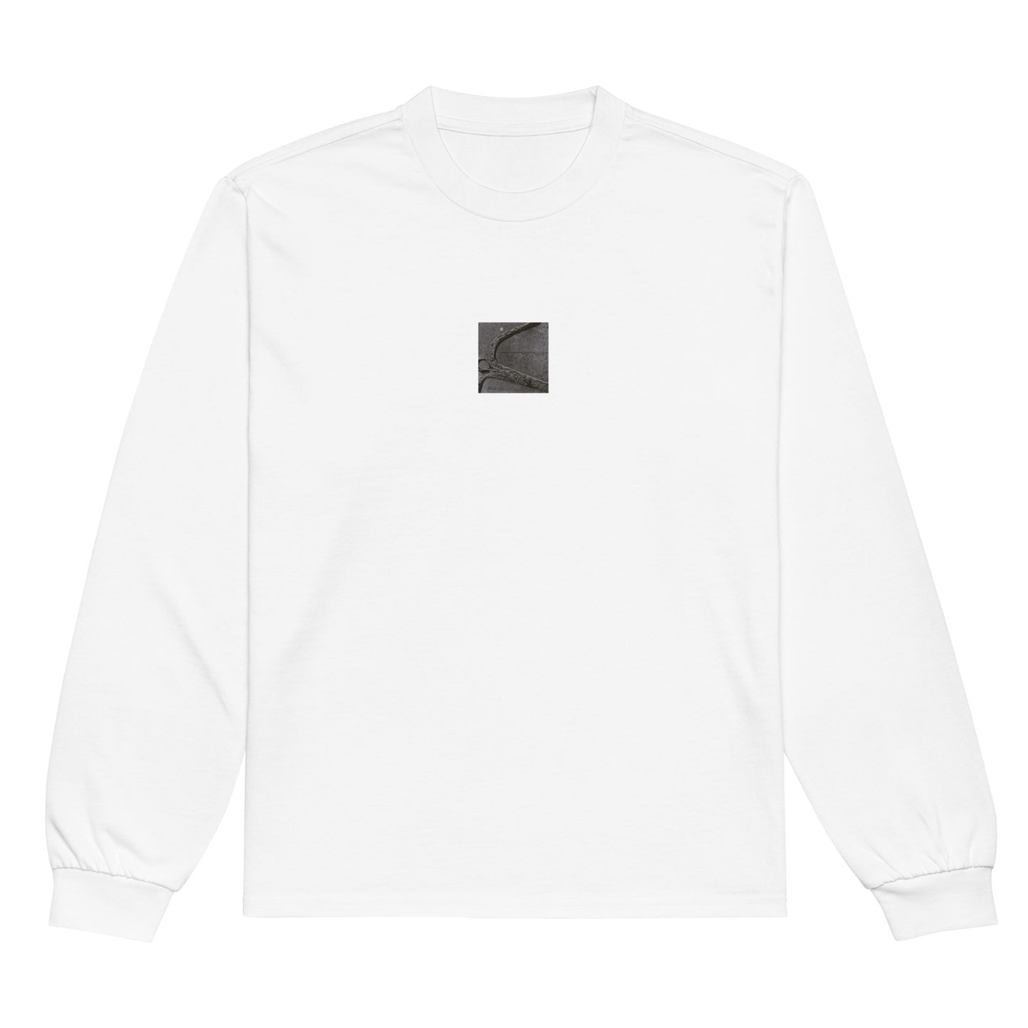 Minimalist streetwear style premium heavyweight long sleeve shirt in white featuring the 'Anchor (B&W)' photo art on the front. / モードストリート系プレミアム・ヘビーウェイト長袖Tシャツ（ホワイト）フロントに「アンカー（錨・モノクロ）」のフォトアートを配したデザイン。