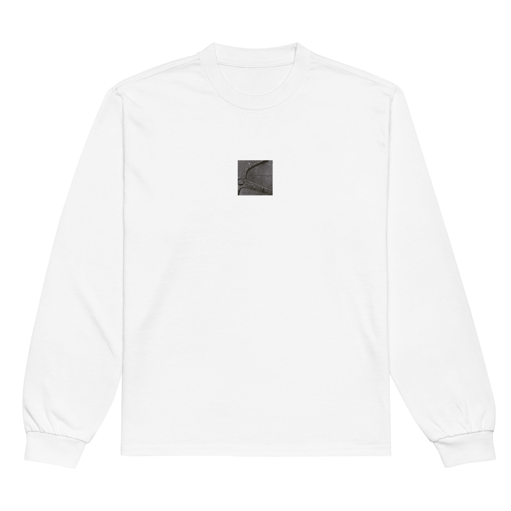 Minimalist streetwear style premium heavyweight long sleeve shirt in white featuring the 'Anchor (B&W)' photo art on the front. / モードストリート系プレミアム・ヘビーウェイト長袖Tシャツ（ホワイト）フロントに「アンカー（錨・モノクロ）」のフォトアートを配したデザイン。