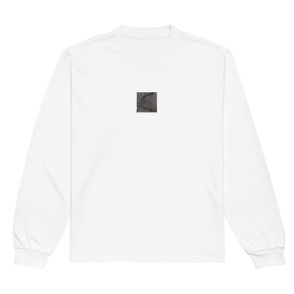 Minimalist streetwear style premium heavyweight long sleeve shirt in white featuring the 'Anchor (B&W)' photo art on the front. / モードストリート系プレミアム・ヘビーウェイト長袖Tシャツ（ホワイト）フロントに「アンカー（錨・モノクロ）」のフォトアートを配したデザイン。