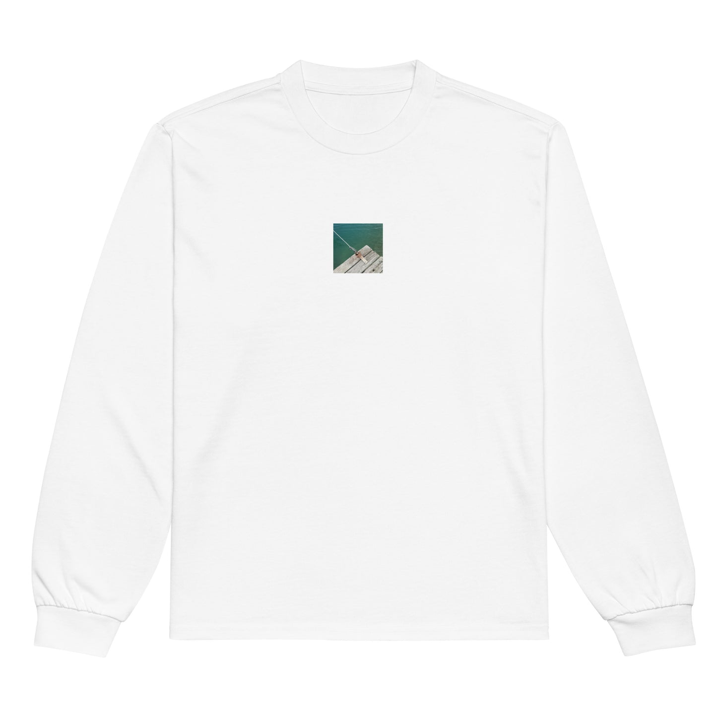Minimalist streetwear style premium heavyweight long sleeve shirt in white featuring the 'Sea, Pier and Rope' photo art on the front. / モードストリート系プレミアム・ヘビーウェイト長袖Tシャツ（ホワイト）フロントに「海、桟橋、ロープ」のフォトアートを配したデザイン。