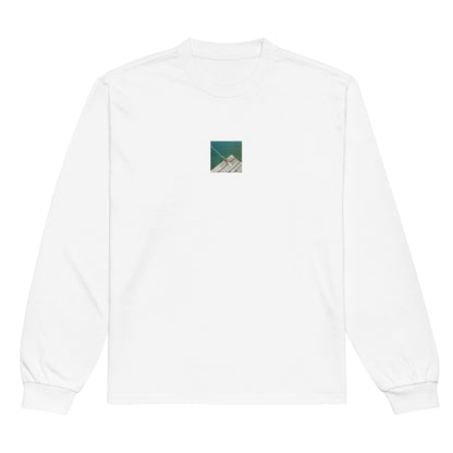 Minimalist streetwear style premium heavyweight long sleeve shirt in white featuring the 'Sea, Pier and Rope' photo art on the front. / モードストリート系プレミアム・ヘビーウェイト長袖Tシャツ（ホワイト）フロントに「海、桟橋、ロープ」のフォトアートを配したデザイン。