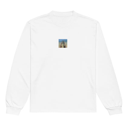 Minimalist streetwear style premium heavyweight long sleeve shirt in white featuring the 'Sea and Pier' photo art on the front. / モードストリート系プレミアム・ヘビーウェイト長袖Tシャツ（ホワイト）フロントに「海と桟橋」のフォトアートを配したデザイン。