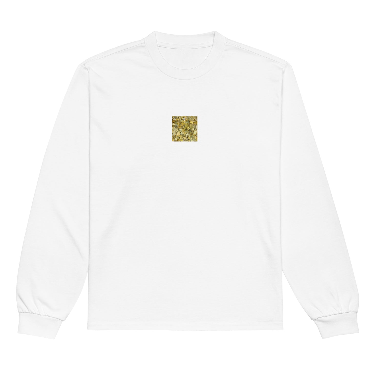 Minimalist streetwear style premium heavyweight long sleeve shirt in white featuring the 'Ginkgo Fallen Leaves' photo art on the front. / モードストリート系プレミアム・ヘビーウェイト長袖Tシャツ（ホワイト）フロントに「イチョウの落ち葉」のフォトアートを配したデザイン。