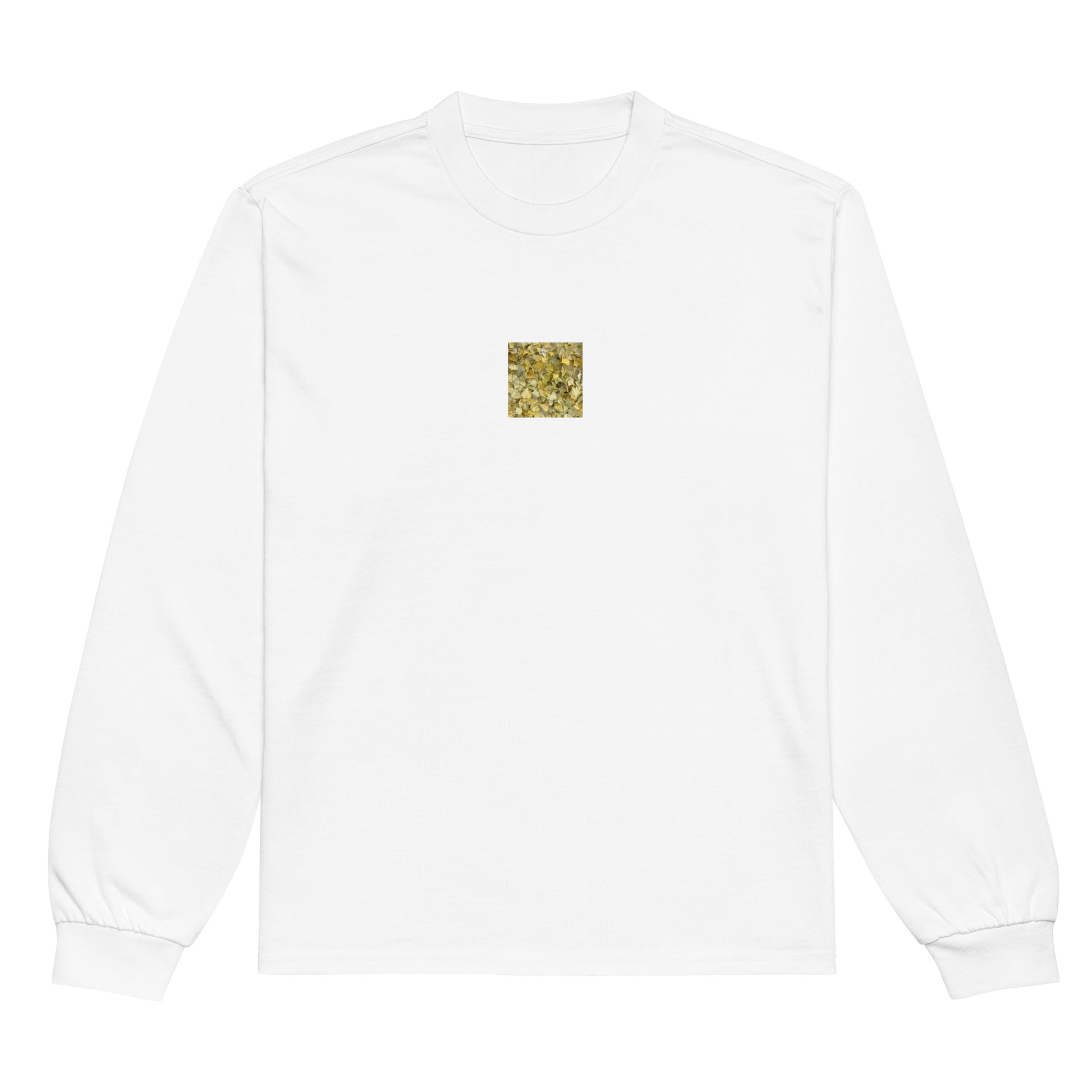 Minimalist streetwear style premium heavyweight long sleeve shirt in white featuring the 'Ginkgo Fallen Leaves' photo art on the front. / モードストリート系プレミアム・ヘビーウェイト長袖Tシャツ（ホワイト）フロントに「イチョウの落ち葉」のフォトアートを配したデザイン。
