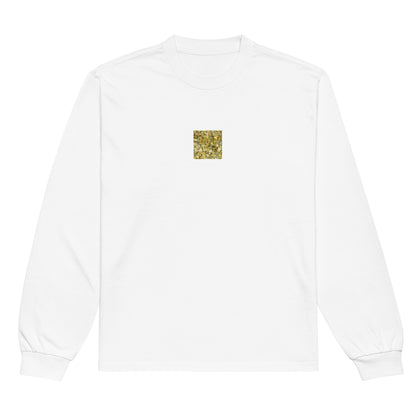Minimalist streetwear style premium heavyweight long sleeve shirt in white featuring the 'Ginkgo Fallen Leaves' photo art on the front. / モードストリート系プレミアム・ヘビーウェイト長袖Tシャツ（ホワイト）フロントに「イチョウの落ち葉」のフォトアートを配したデザイン。
