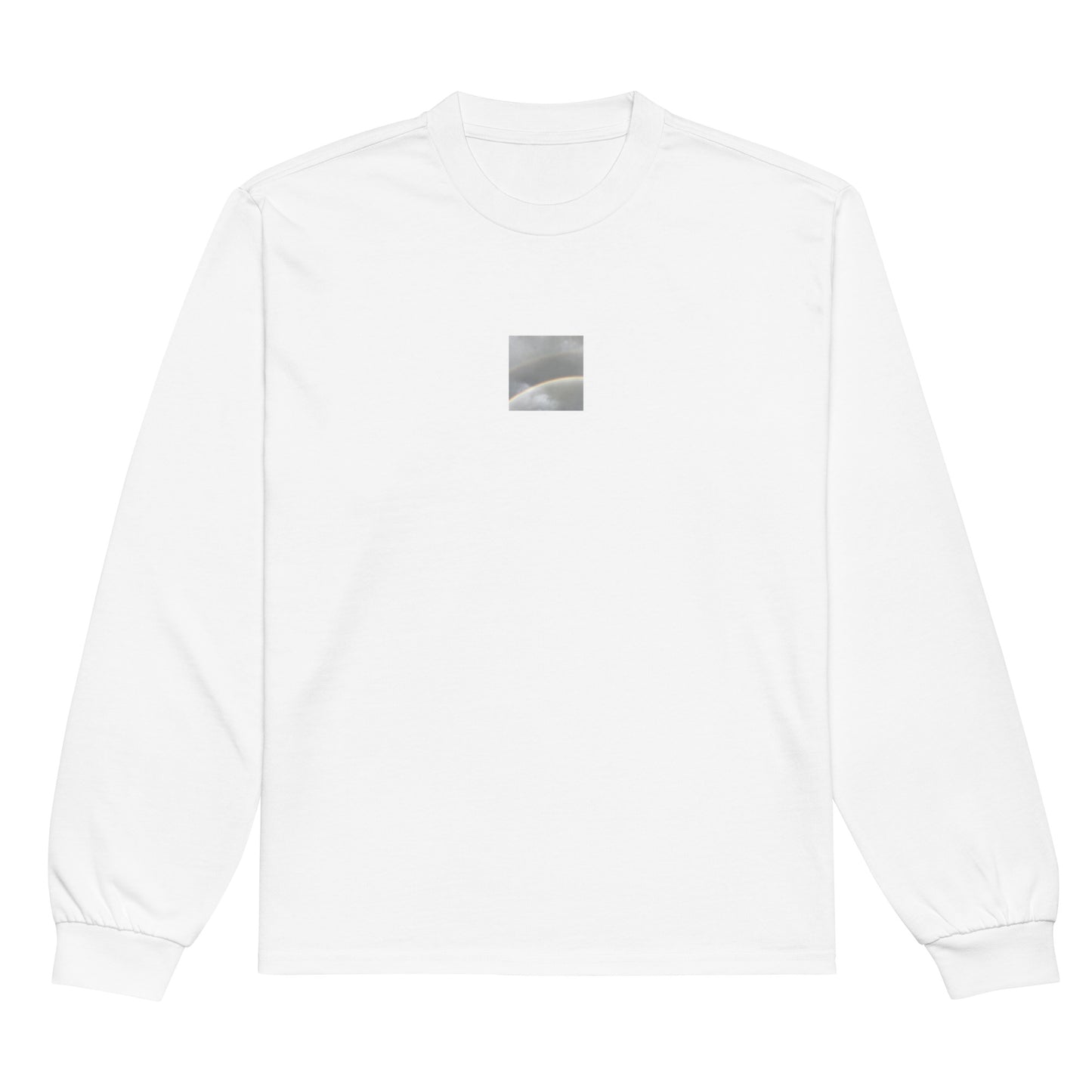 Minimalist streetwear style premium heavyweight long sleeve shirt in white featuring the 'Double Rainbow' photo art on the front. / モードストリート系プレミアム・ヘビーウェイト長袖Tシャツ（ホワイト）フロントに「ダブルレインボー」のフォトアートを配したデザイン。